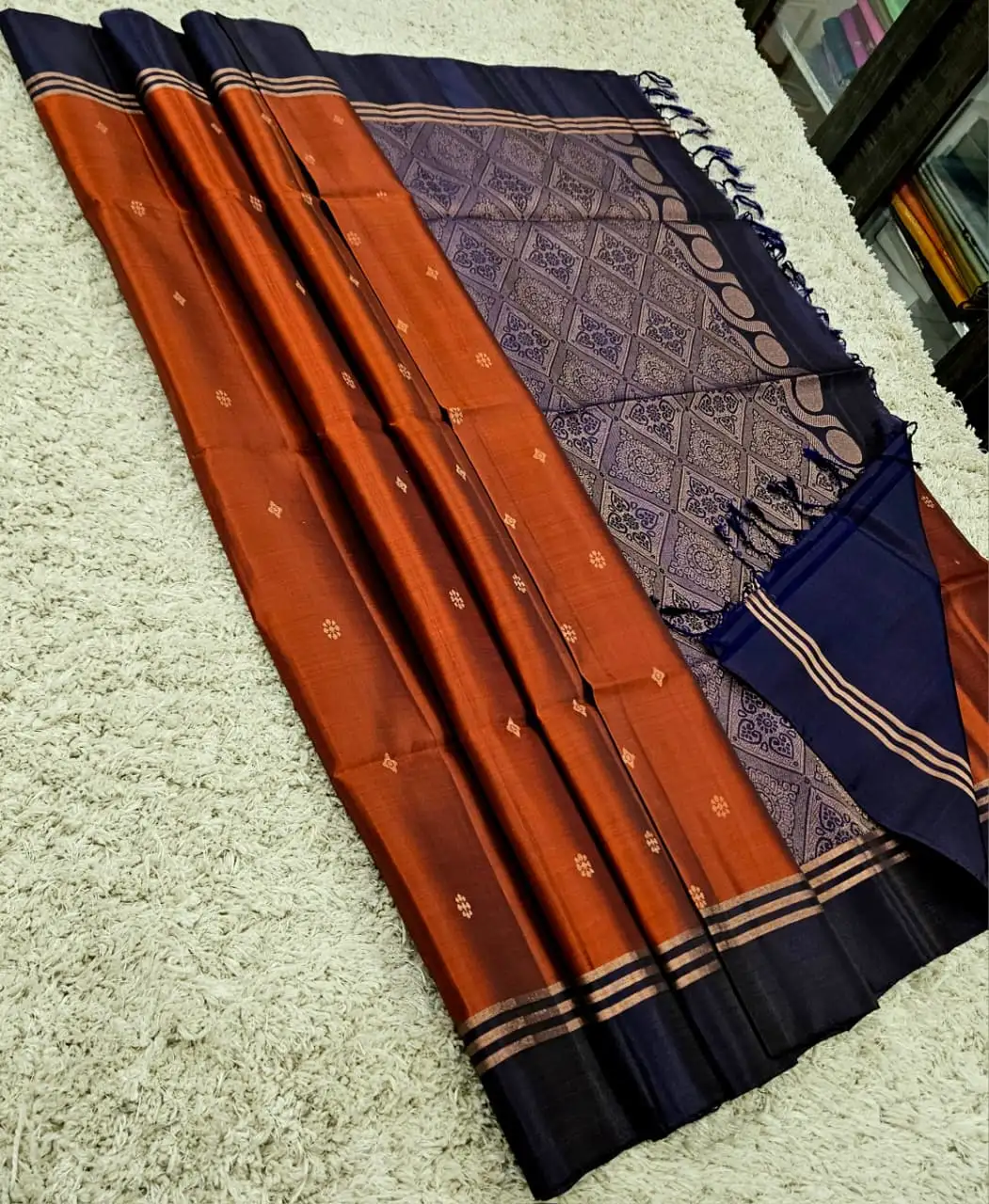 Rust Orange Diamond 3-Line Zari Kanchipuram Soft Silk Saree